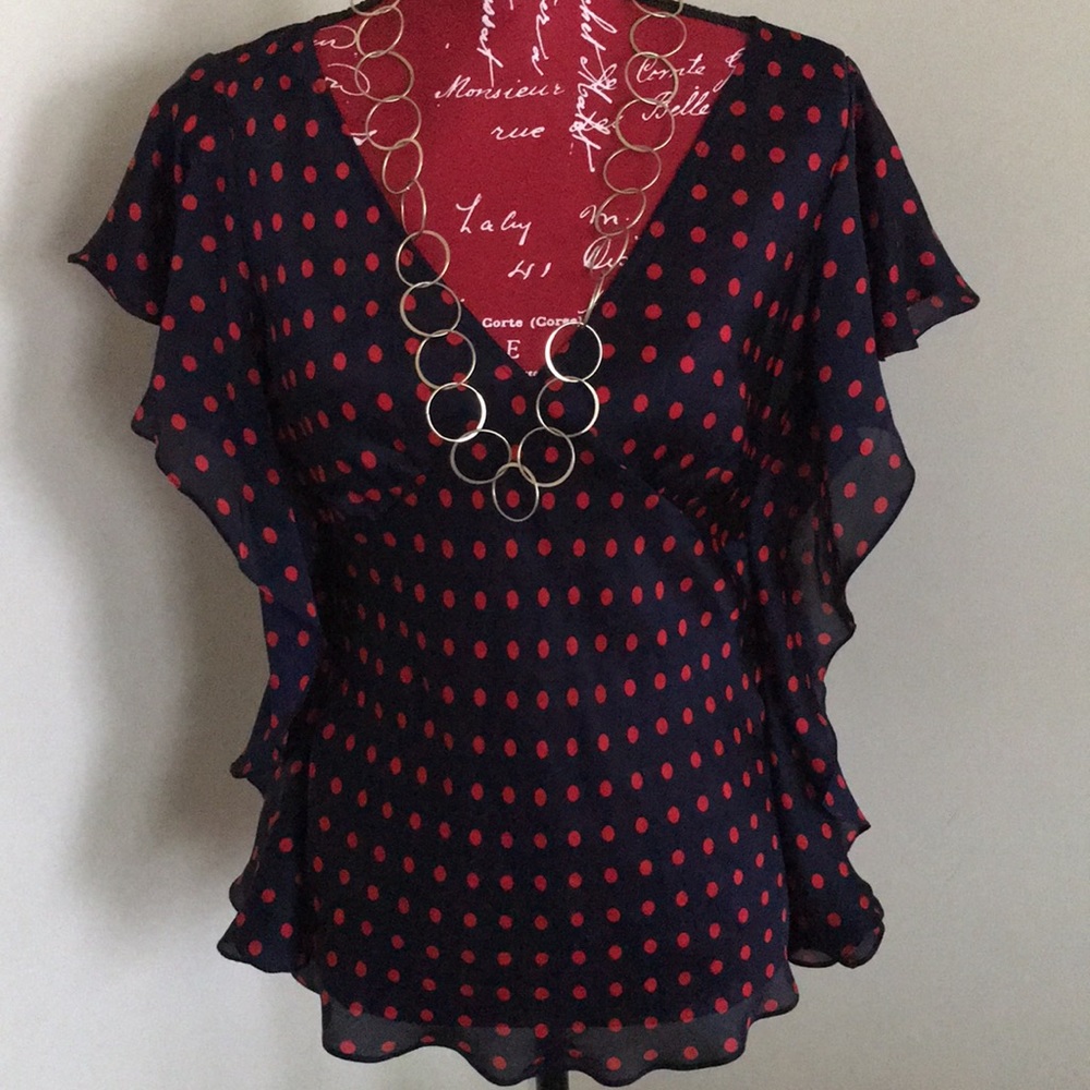 Lauren Ralph Lauren Navy and Red Polka Dot Silk Blouse Medium